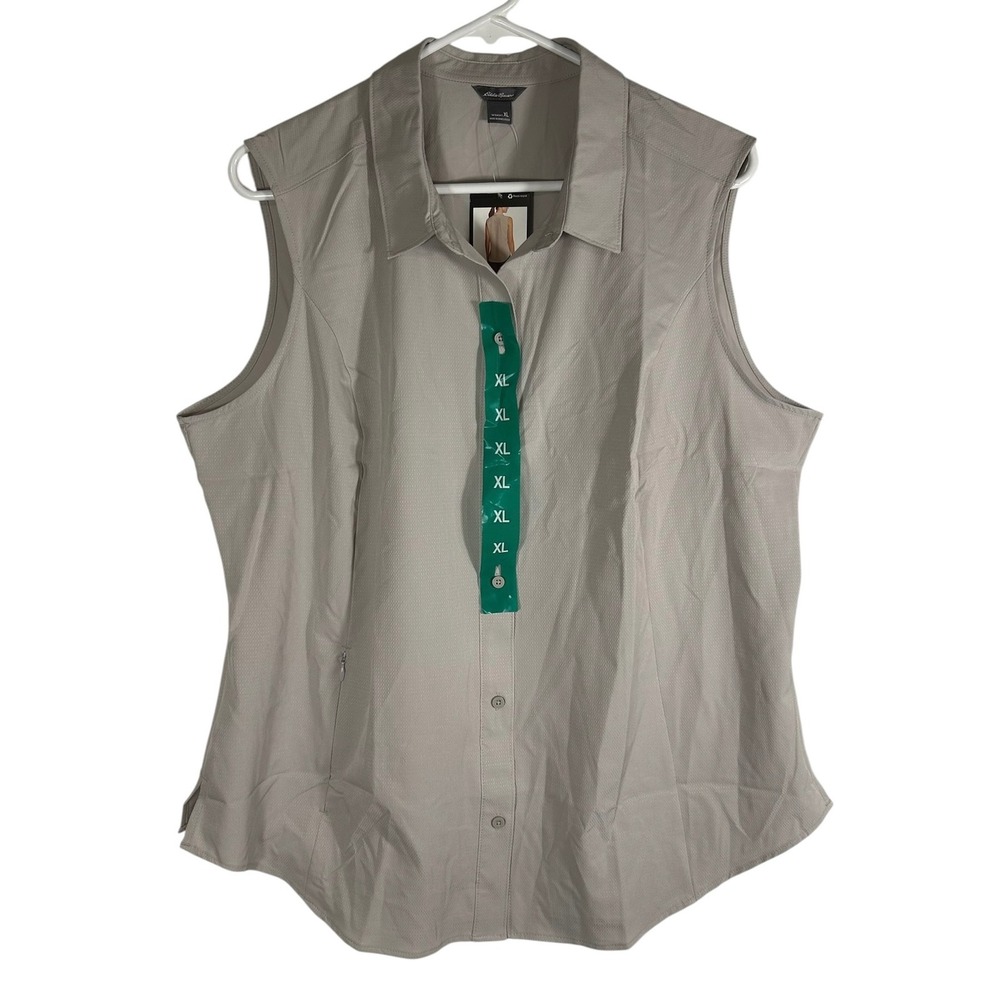 NWT Eddie Bauer Womens Sleeveless Tech Shirt Gray XL Button Down Hiking Travel